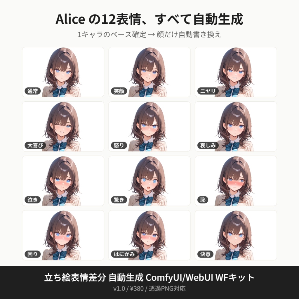 立ち絵自動生成 ComfyUI WFキット ¥380【ドキュメント】12表情を1晩で / ティラノ対応