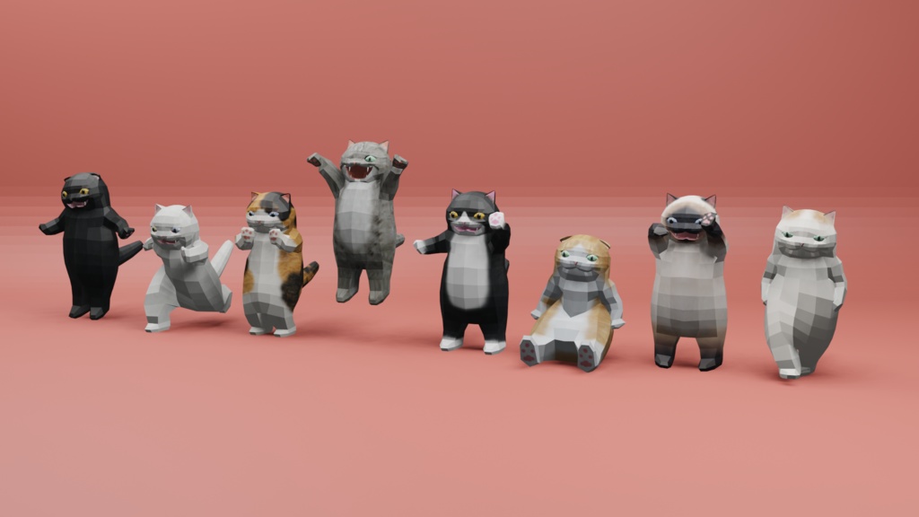 二足歩行の可愛い猫のオリジナル3Dモデル(ローポリ)