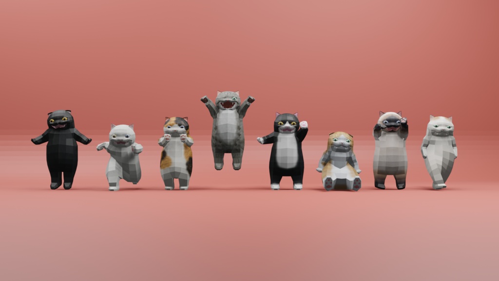 二足歩行の可愛い猫のオリジナル3Dモデル(ローポリ)
