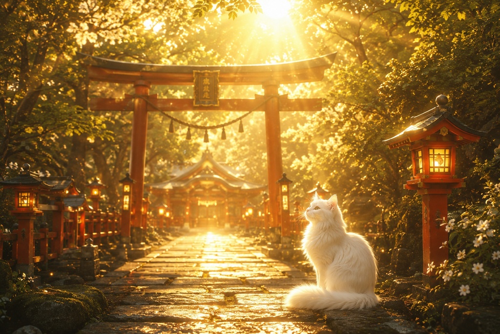 月猫の社 ― 光に包まれる白猫と幻想神社 ―