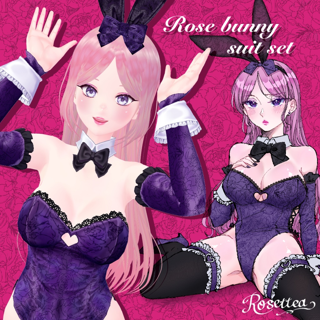 ✨無地ver追加しました✨【VRoid】Rose bunny suit set カチューシャ・靴・ポーズ付