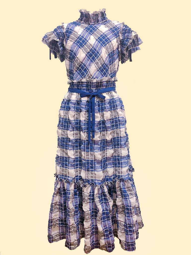 シャーリングティアードワンピース(チェック柄)