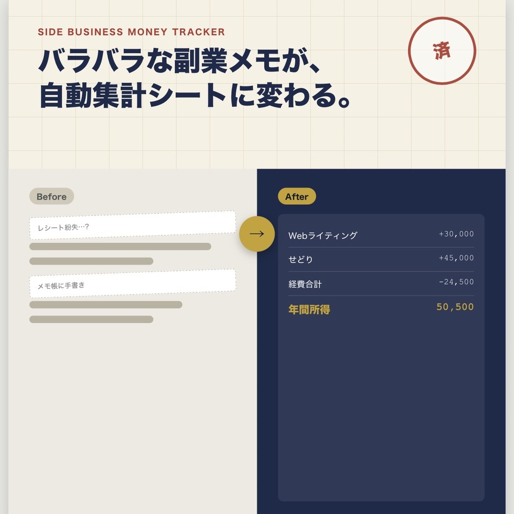 【Excel/Googleスプレッドシート対応】副業収支管理シート|複数の副業をまとめて管理・確定申告の集計も自動化