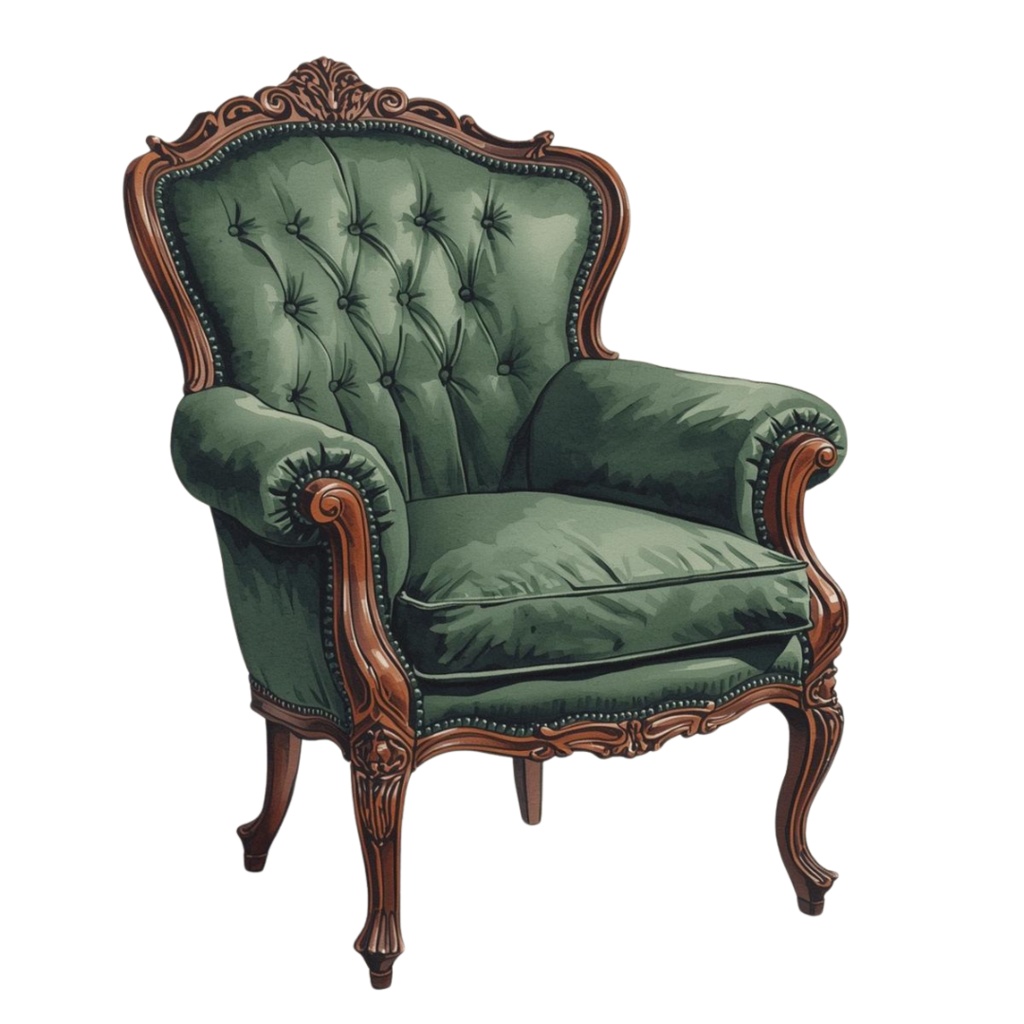 水彩画風 深緑のアンティーク洋風家具クリップアートセット(PNG形式・全11点)