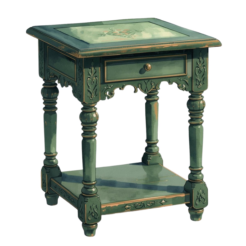 水彩画風 深緑のアンティーク洋風家具クリップアートセット(PNG形式・全11点)