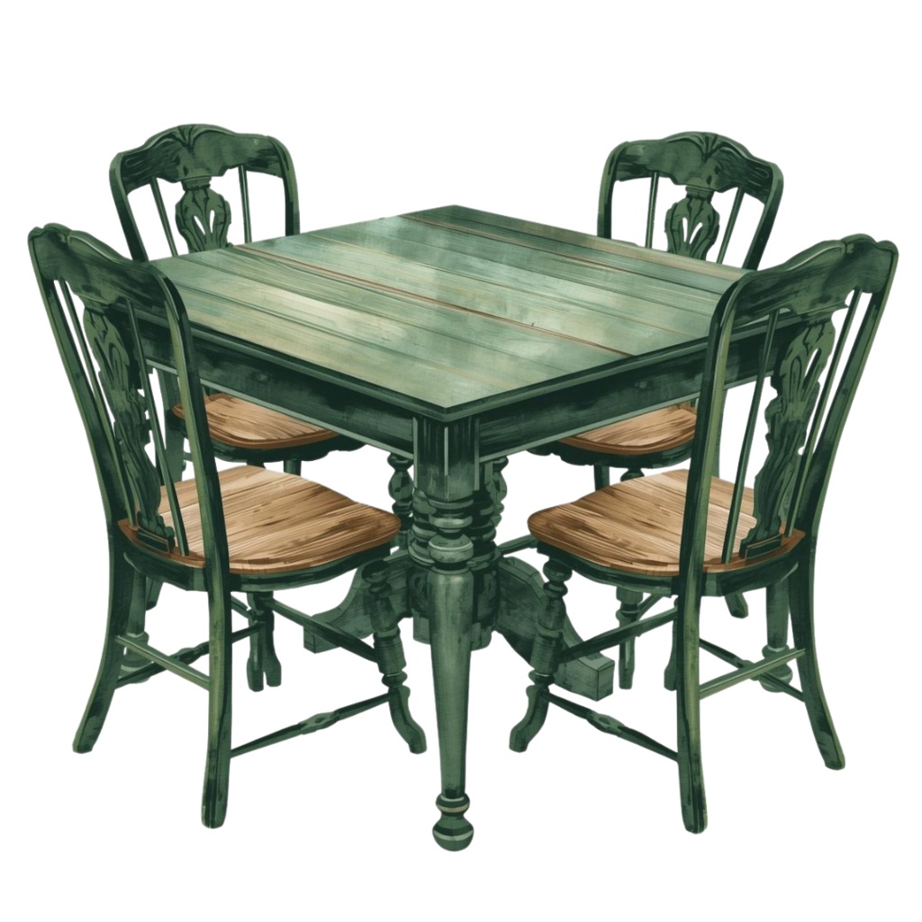 水彩画風 深緑のアンティーク洋風家具クリップアートセット(PNG形式・全11点)