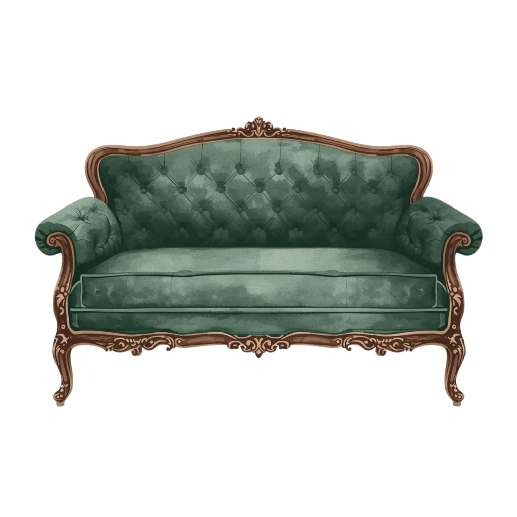 水彩画風 深緑のアンティーク洋風家具クリップアートセット(PNG形式・全11点)