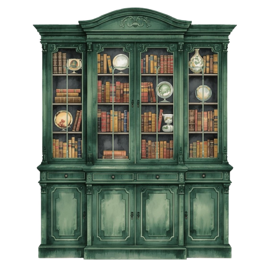 水彩画風 深緑のアンティーク洋風家具クリップアートセット(PNG形式・全11点)