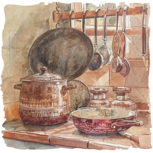 ヨーロッパ風キッチンの水彩クリップアートセット(全10点・PNG)