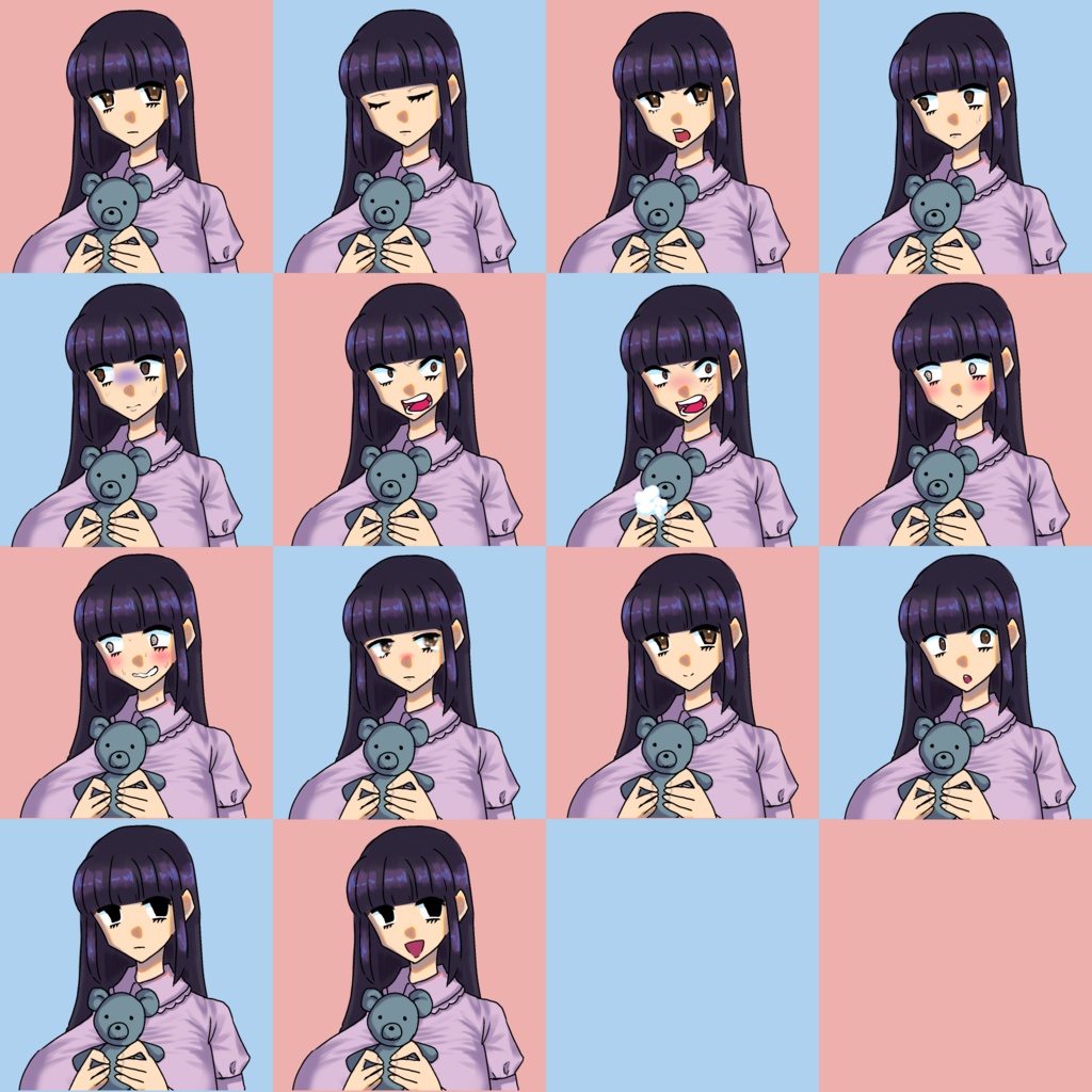 【立ち絵素材】ぬいぐるみを持ったぱっつん女性【表情差分あり】