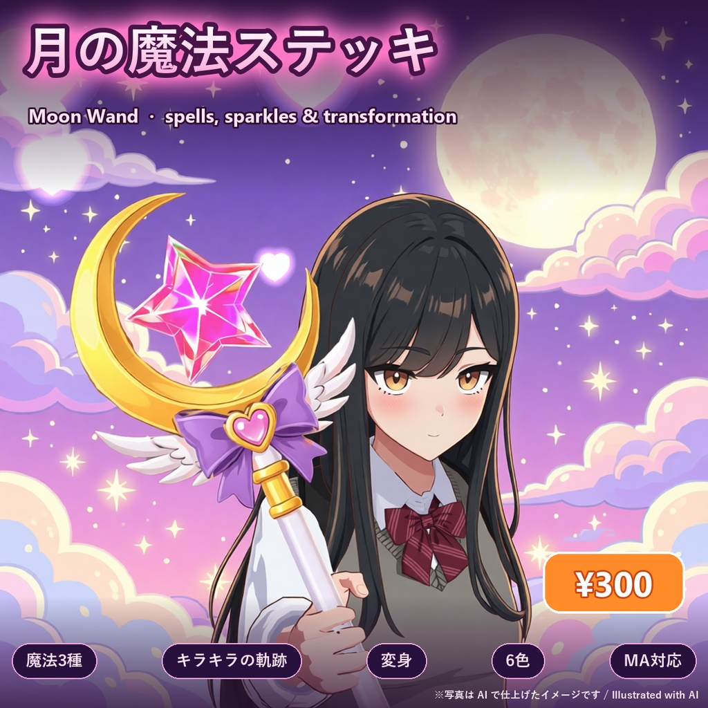 月の魔法ステッキ【変身ギミック・魔法3種・6色・全アバター対応・MA】