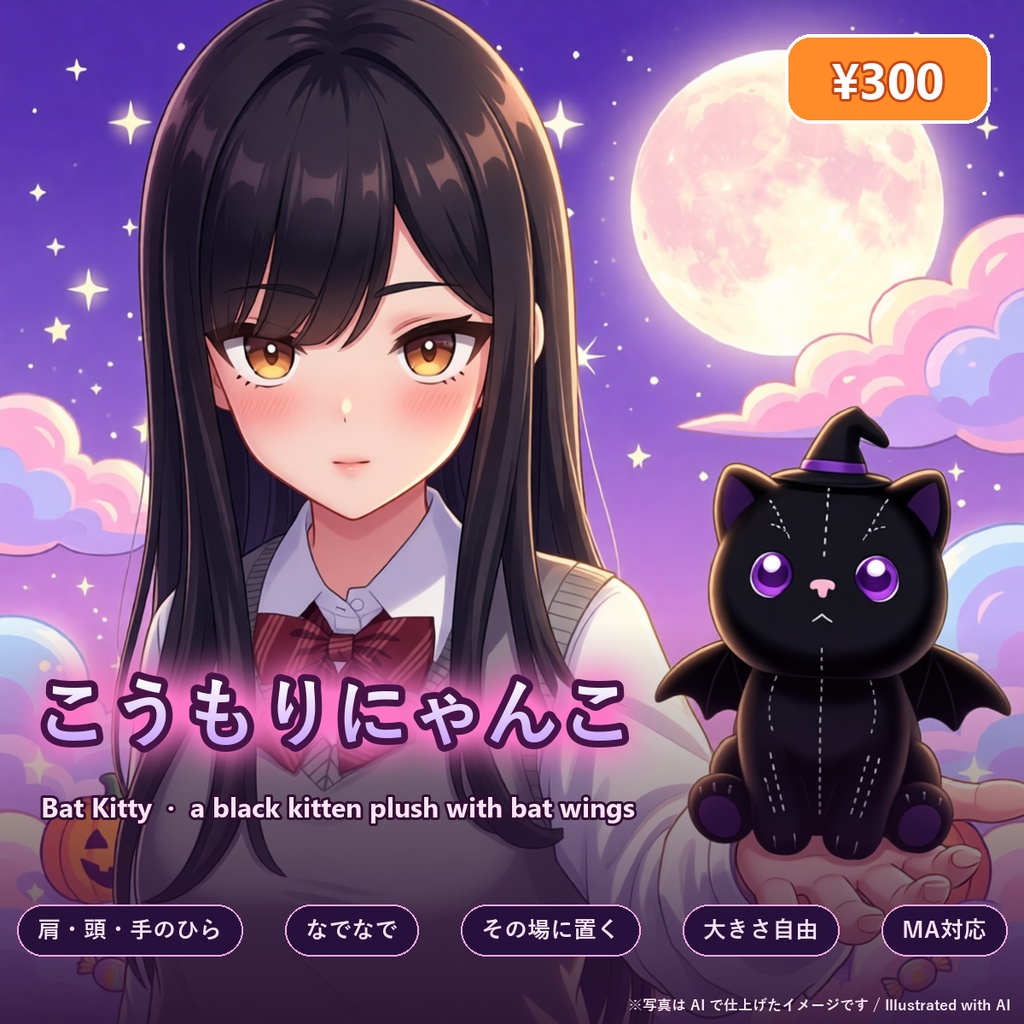 こうもりにゃんこ【ハロウィン・ぬいぐるみ・肩・頭・手のひら・なでなで・その場に置ける・6色・MA】