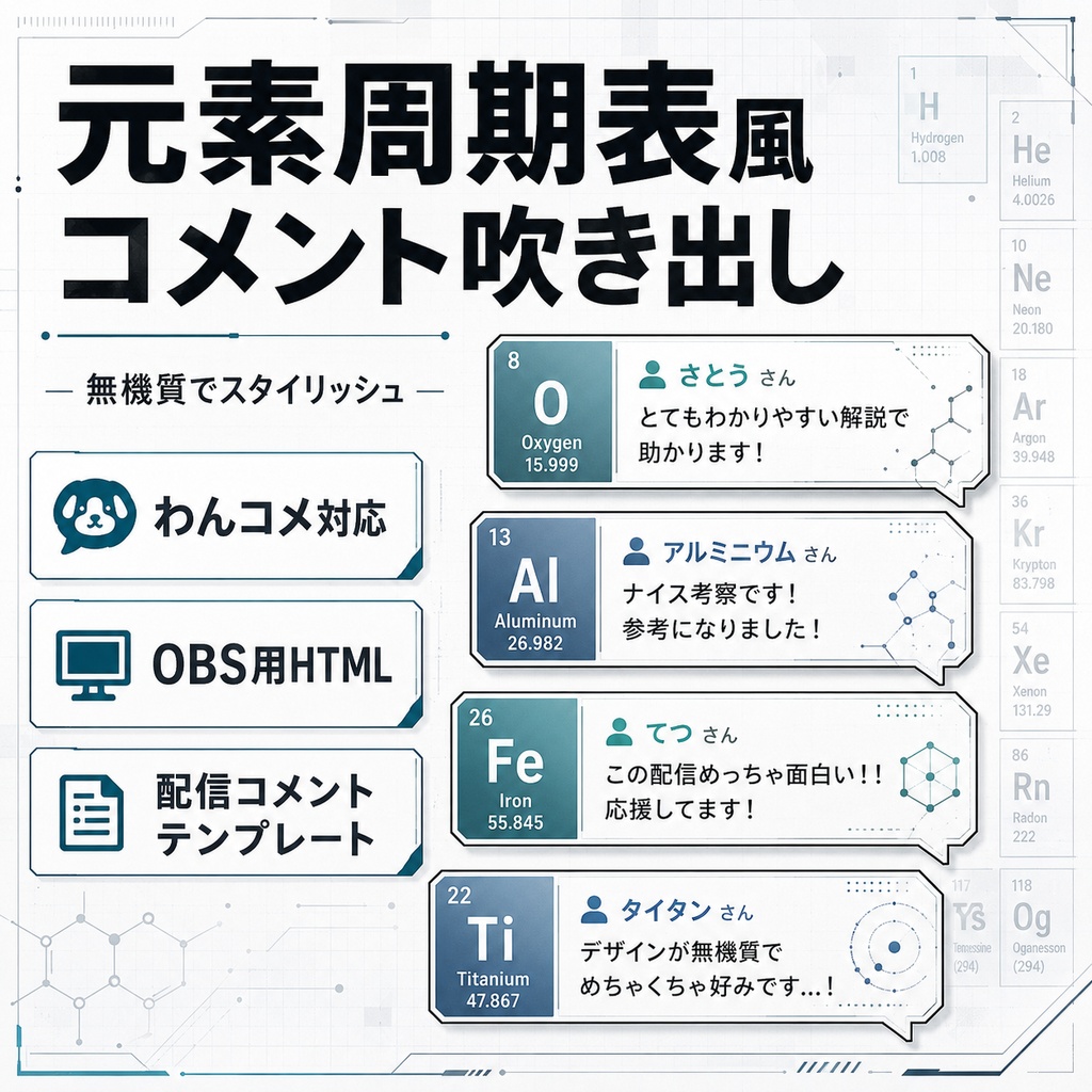 【わんコメ対応】元素周期表風コメント吹き出しテンプレート｜OBS用HTML