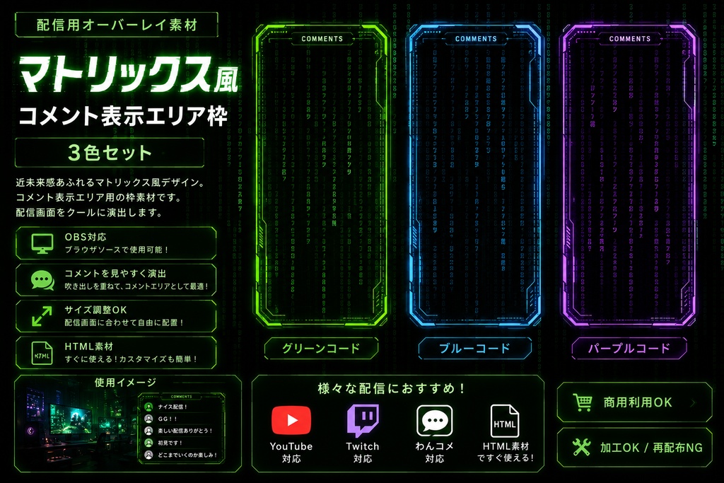 【OBS用HTML】マトリックス風 コメント表示エリア枠 3色セット