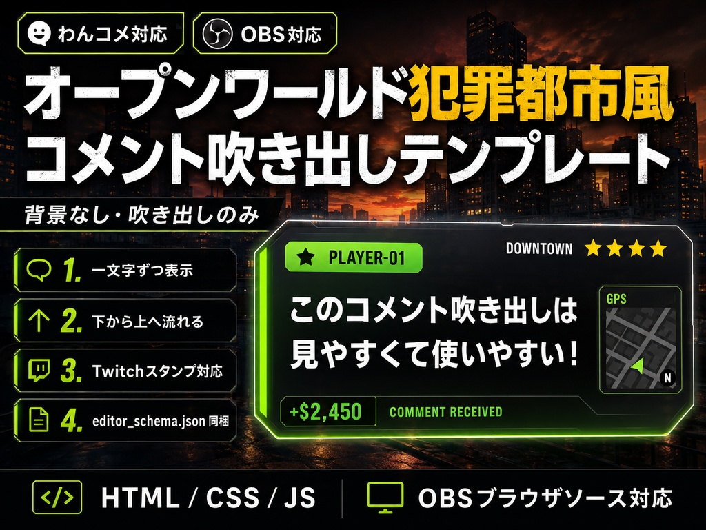 【わんコメ対応】オープンワールド犯罪都市風コメント吹き出しテンプレート｜OBS用HTML