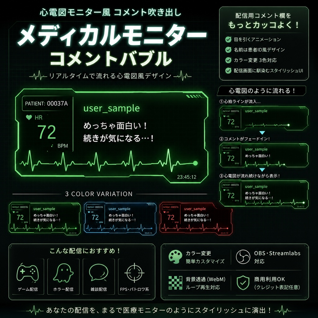 【わんコメ対応】医療モニター風コメント吹き出しテンプレート｜OBS用HTML