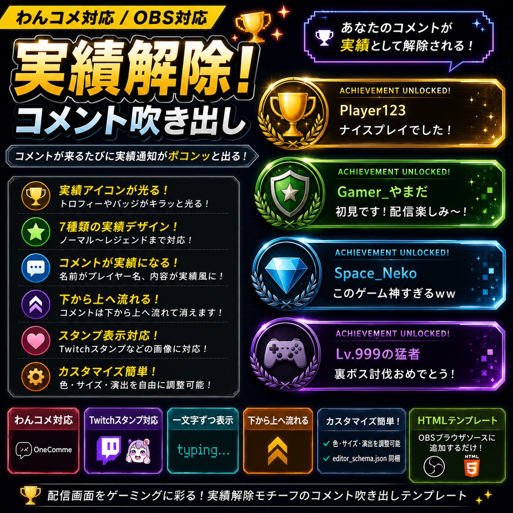 【わんコメ対応】ゲーム実績解除コメント吹き出しテンプレート｜OBS用HTML