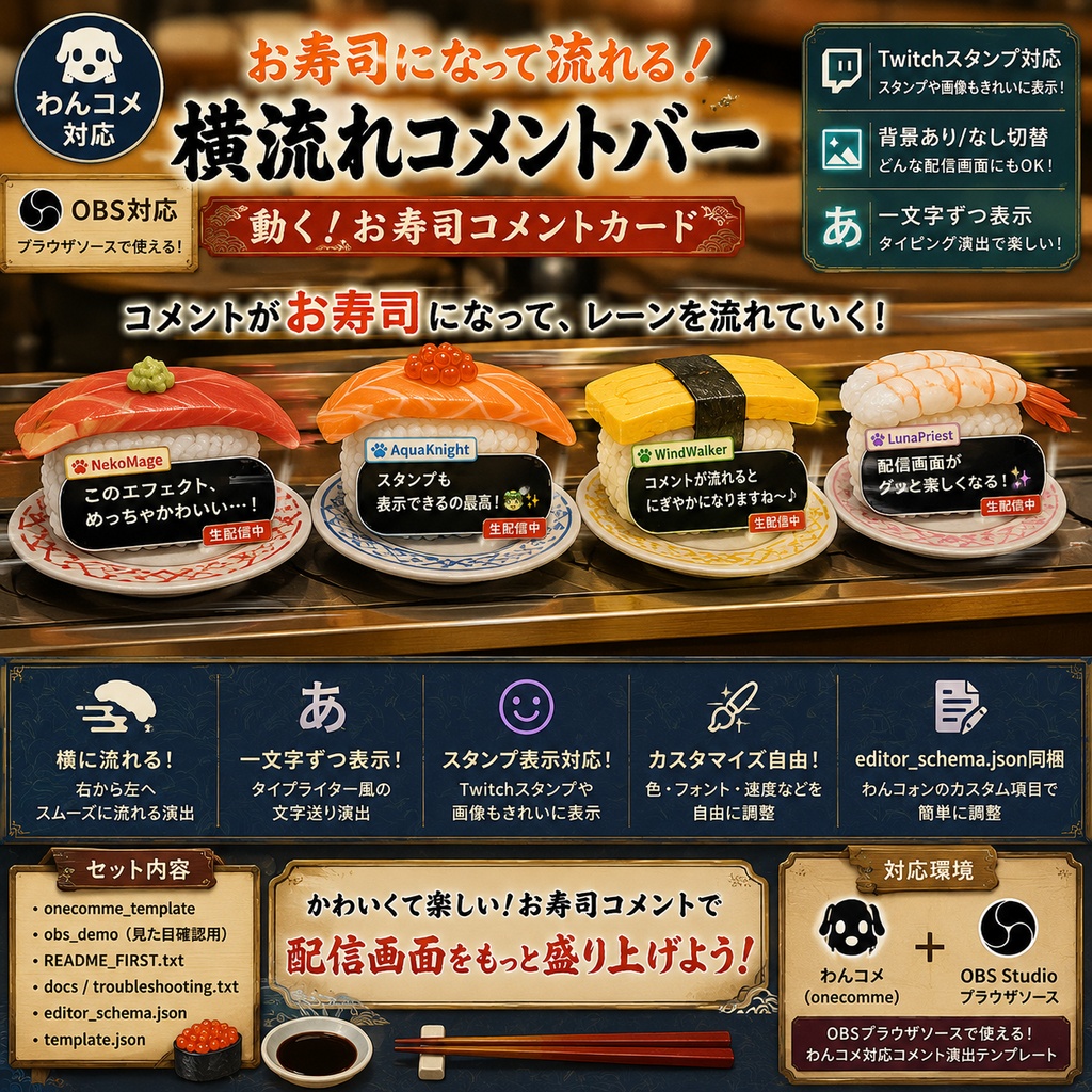【わんコメ対応】回転寿司レーン風 横流れコメントバー｜OBS用HTMLテンプレート