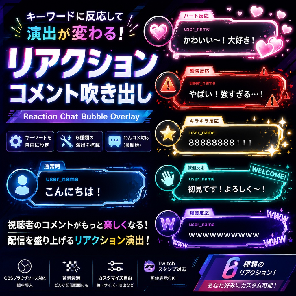 【わんコメ対応】Keyword Reaction Chat Bubble Overlay　キーワード反応コメント吹き出しテンプレート｜OBS用HTML