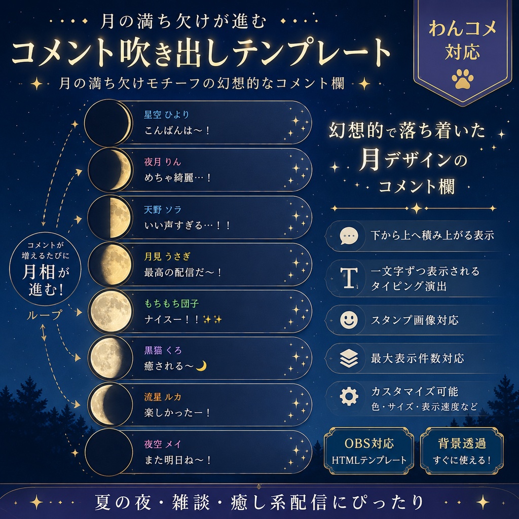 【わんコメ対応】月の満ち欠けコメント吹き出しテンプレート｜OBS用HTML