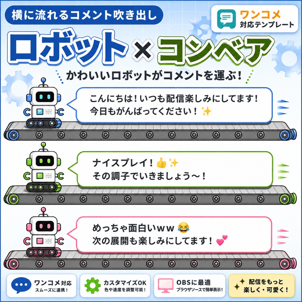 【わんコメ対応】ロボットコンベアー風 横流れコメント吹き出し｜OBS用HTML