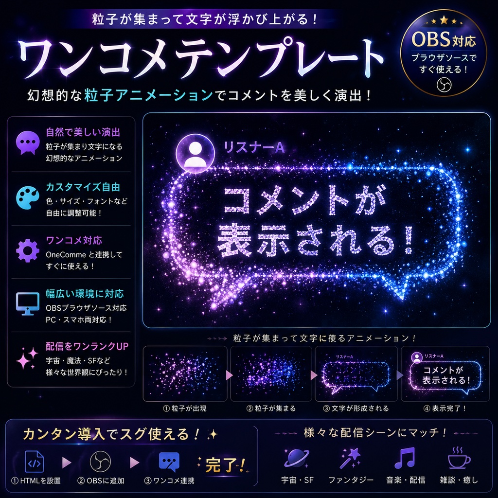 【わんコメ対応】粒子生成コメント吹き出しテンプレート｜OBS用HTML
