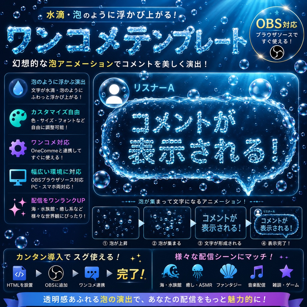 【わんコメ対応】水滴・泡コメント吹き出しテンプレート｜OBS用HTML
