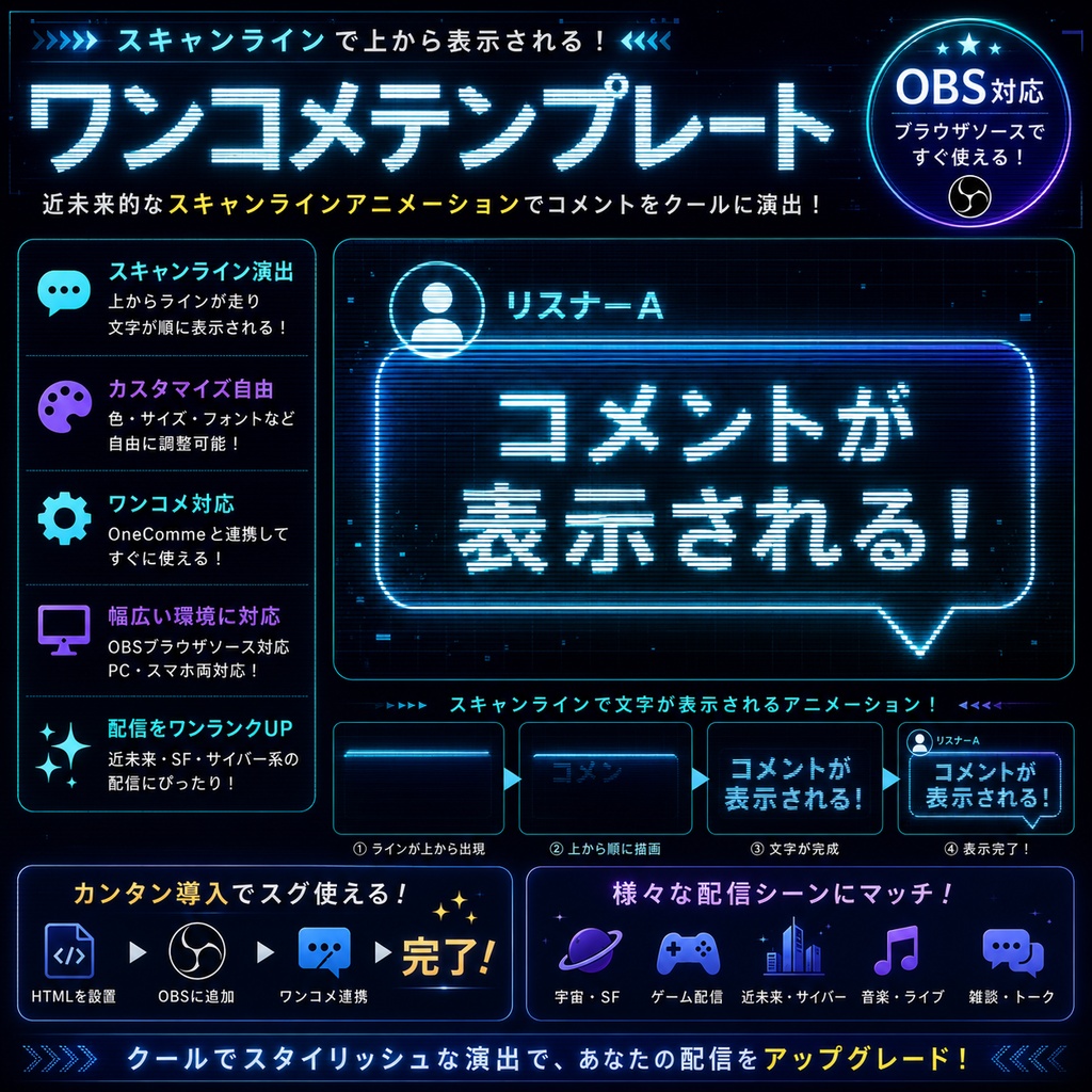 【わんコメ対応】スキャンライン表示コメント吹き出しテンプレート｜OBS用HTML