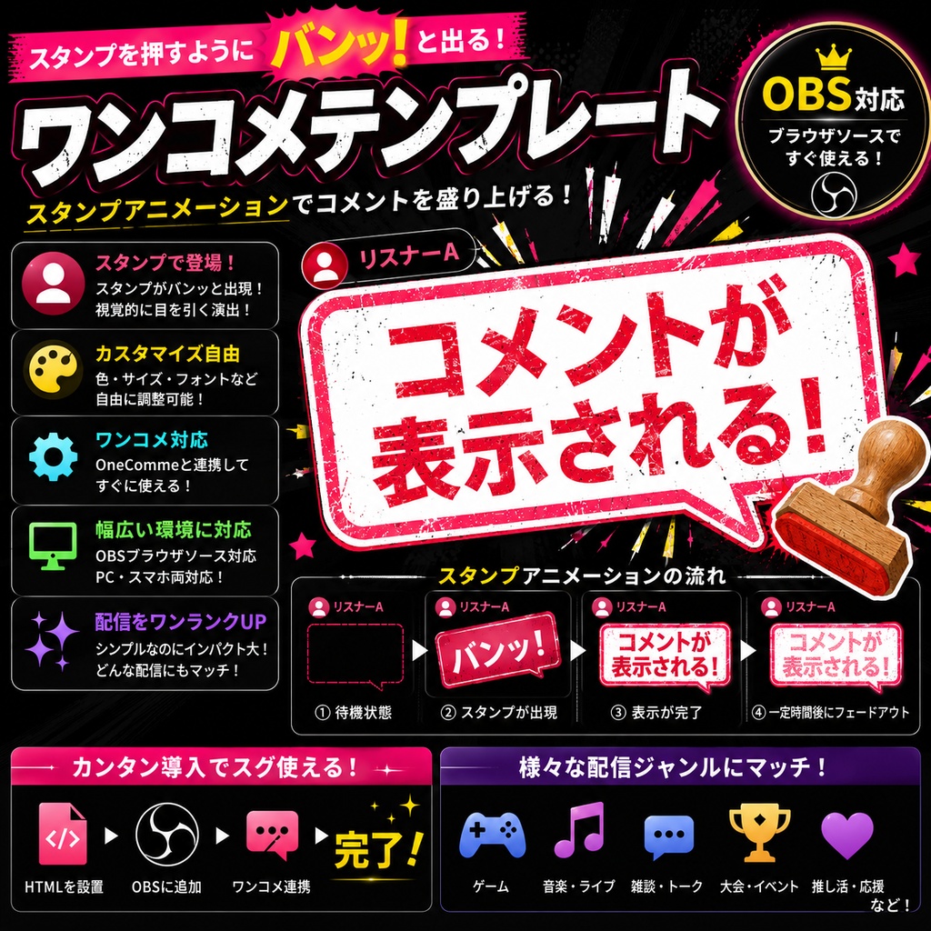【わんコメ対応】スタンプ押印風コメント吹き出しテンプレート｜OBS用HTML