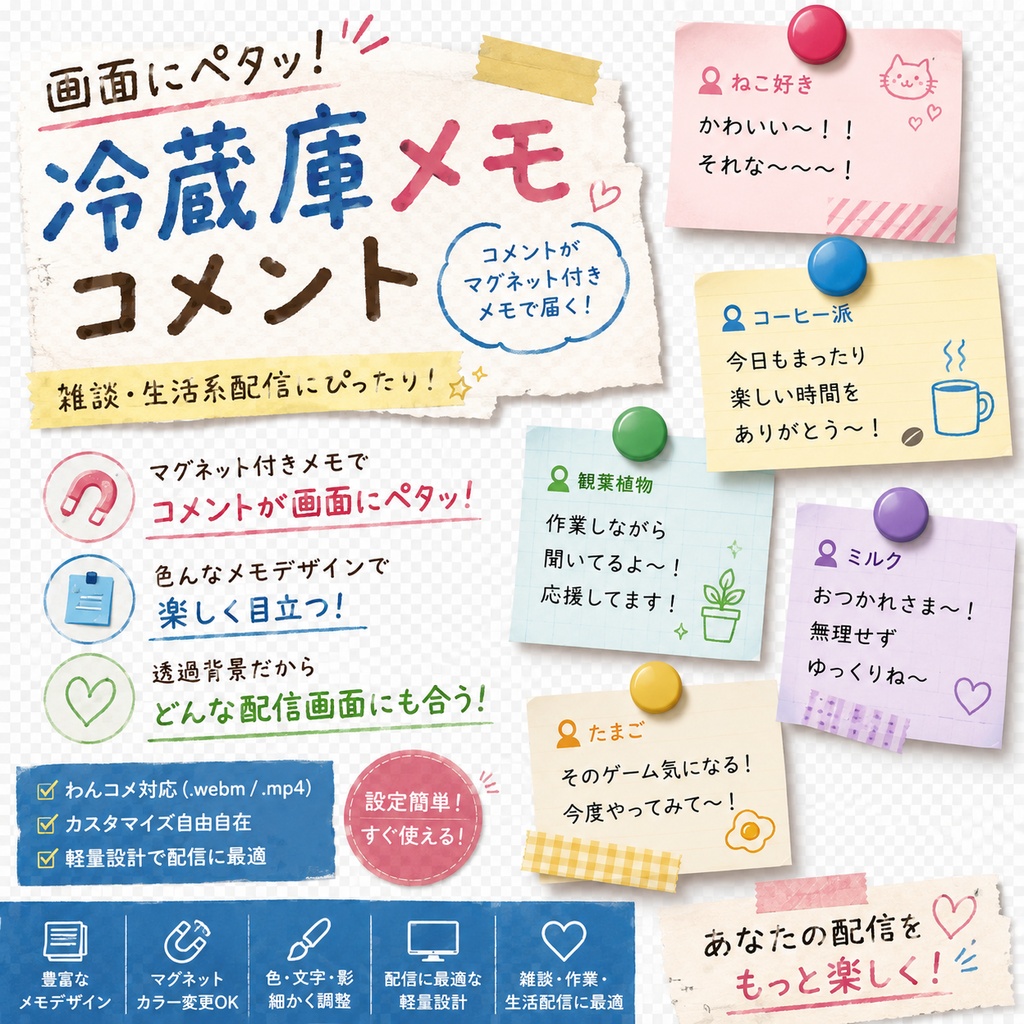 【わんコメ対応】マグネットメモコメント吹き出し｜OBS用HTMLテンプレート