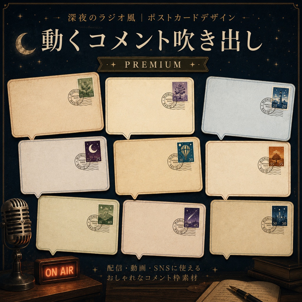 【わんコメ対応】深夜ラジオ投稿ハガキ風コメント吹き出しテンプレート｜OBS用HTML