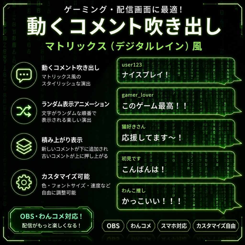 【わんコメ対応】マトリックス風デジタルレイン コメント吹き出し｜OBS用HTML