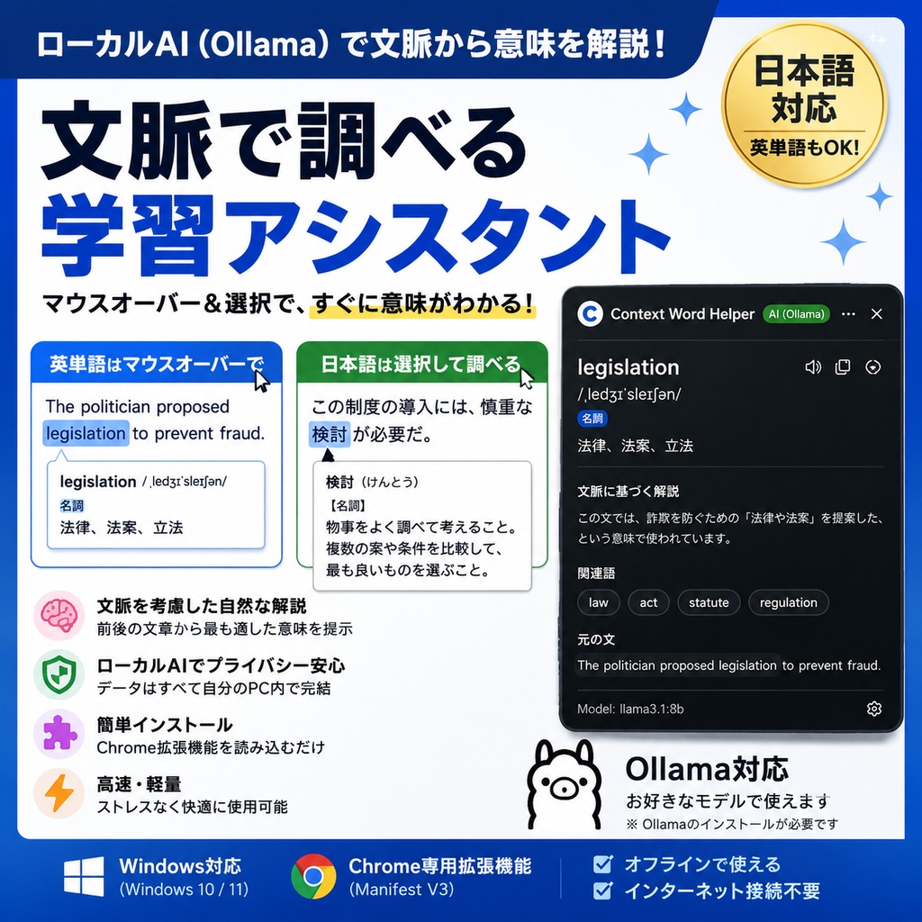 【Chrome拡張】日本語・英語対応 文脈単語ヘルパー for Ollama