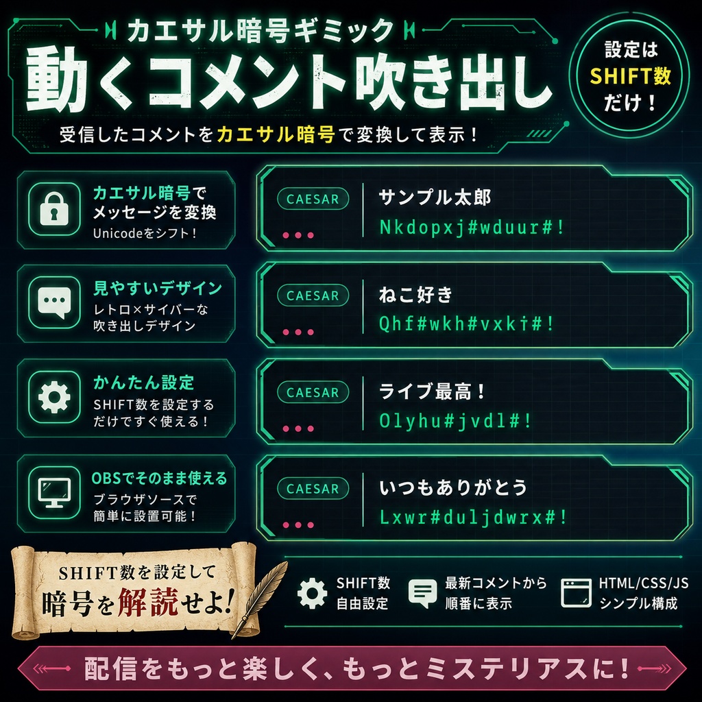 【わんコメ対応】カエサル暗号コメント吹き出しテンプレート|OBS用HTML