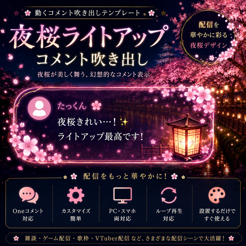 【わんコメ対応】夜桜ライトアップ吹き出し｜OBS用HTML