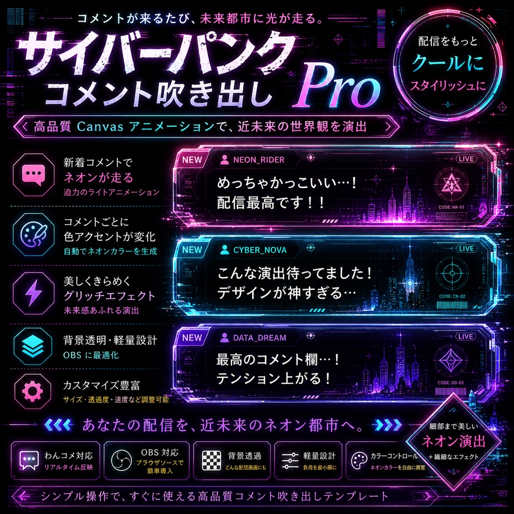 【わんコメ対応】サイバーパンクネオンPro コメント吹き出しテンプレート｜OBS用HTML