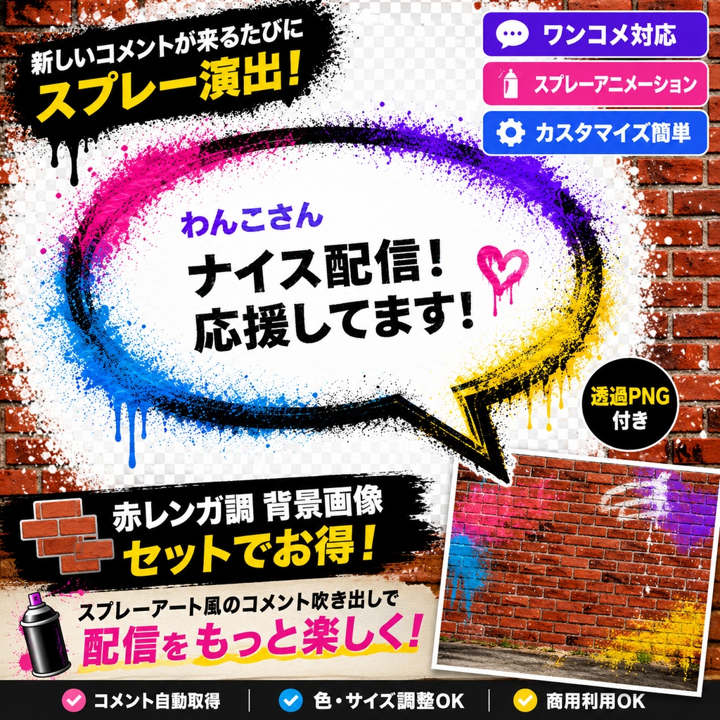 【わんコメ対応】レンガ壁＋落書きアート風コメント吹き出し｜OBS用HTMLテンプレート