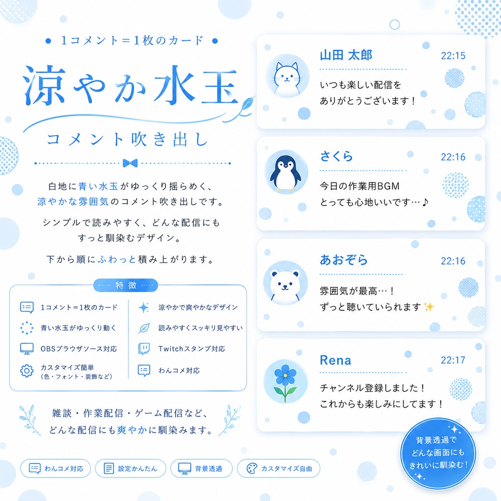 【わんコメ対応】白地に青い水玉コメント吹き出し|OBS用HTMLテンプレート