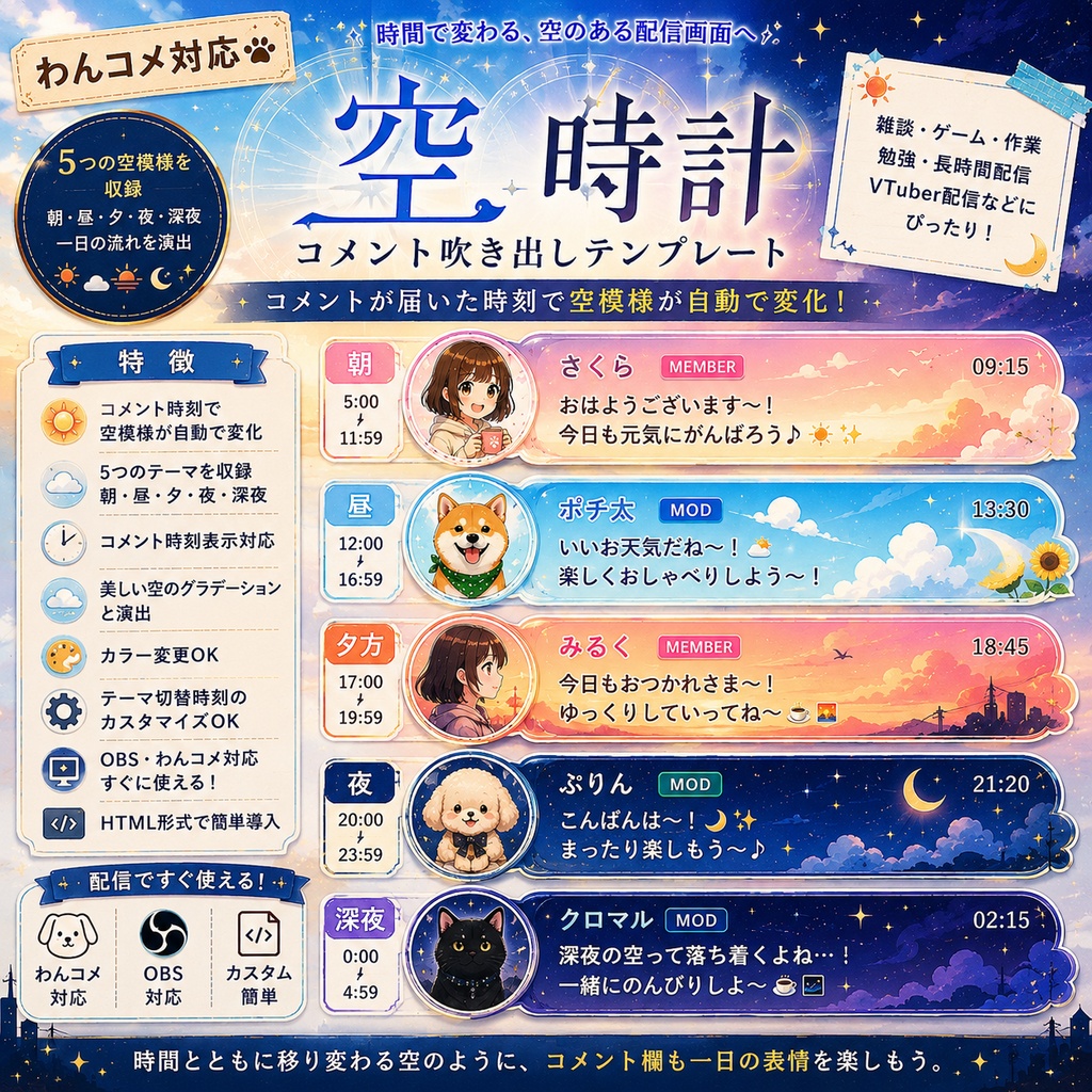【わんコメ対応】時間で変わる空模様コメント吹き出しテンプレート｜OBS用HTML
