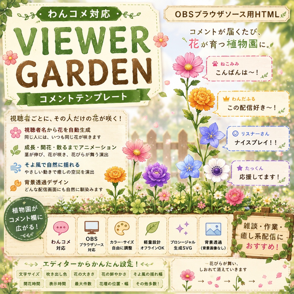 【わんコメ対応】VIEWER GARDENコメントテンプレート|プロシージャル生成OBS用HTML