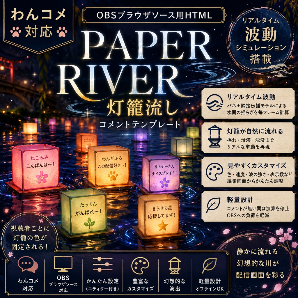 【わんコメ対応】PAPER RIVER 灯籠流しコメントテンプレート｜リアルタイム波動シミュレーションOBS用HTML