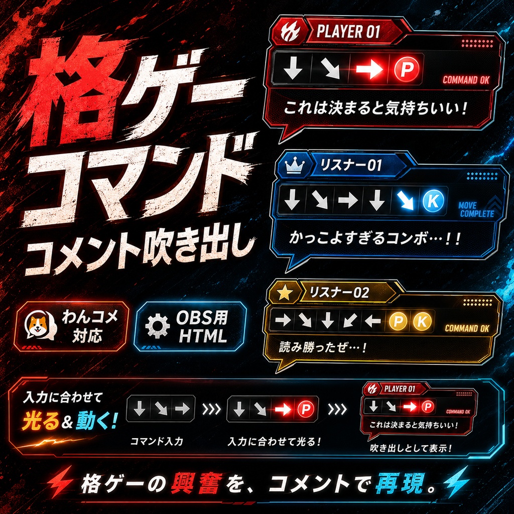 【わんコメ対応】格ゲーコマンドコメント吹き出しテンプレート|OBS用HTML