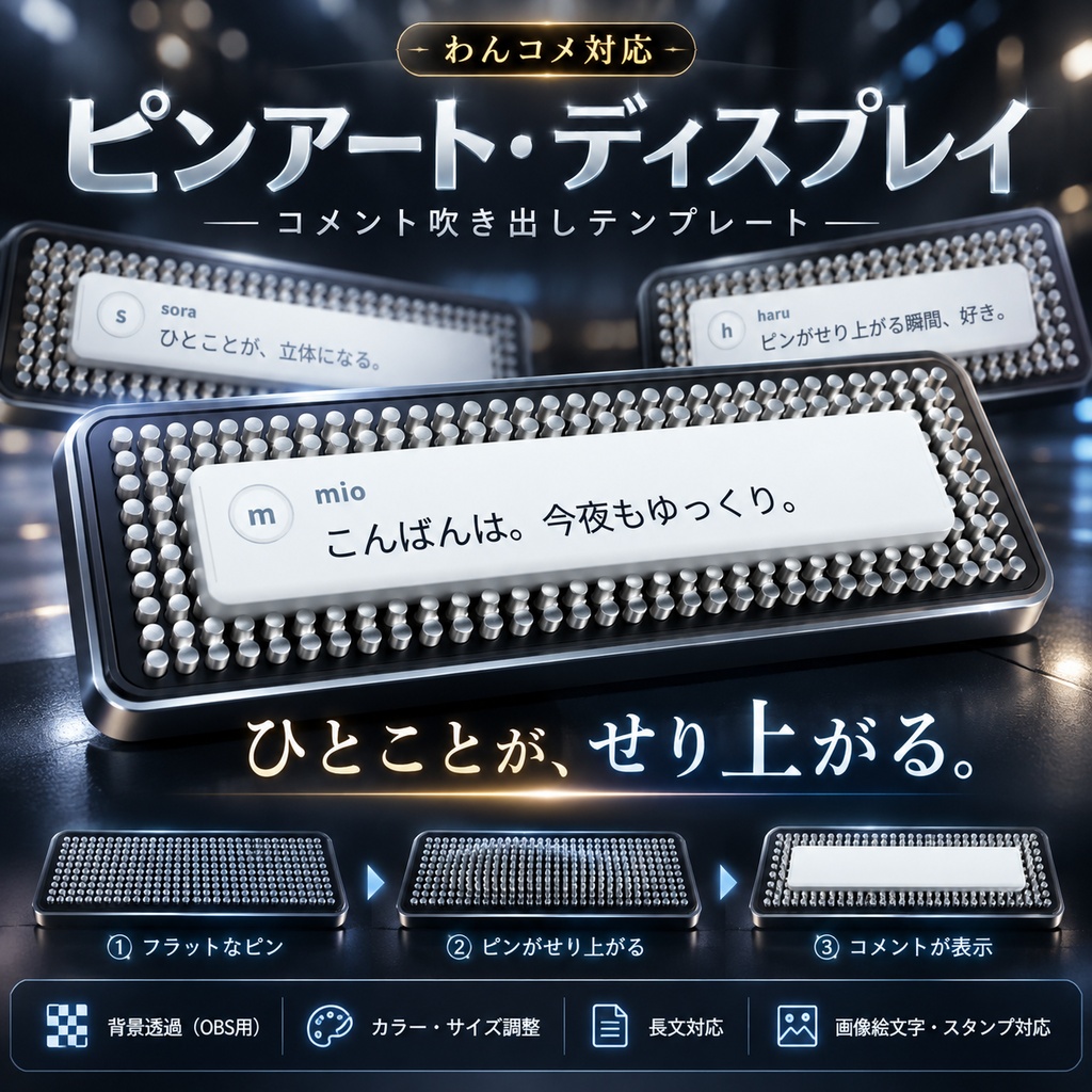 【わんコメ対応】ピンアート・ディスプレイ コメント吹き出しテンプレート｜OBS用HTML