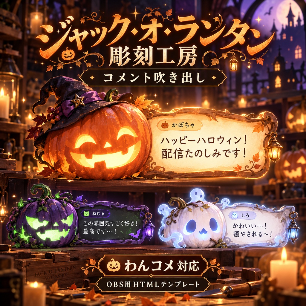 【わんコメ対応】ジャック・オ・ランタン彫刻工房 コメント吹き出しテンプレート｜OBS用HTML