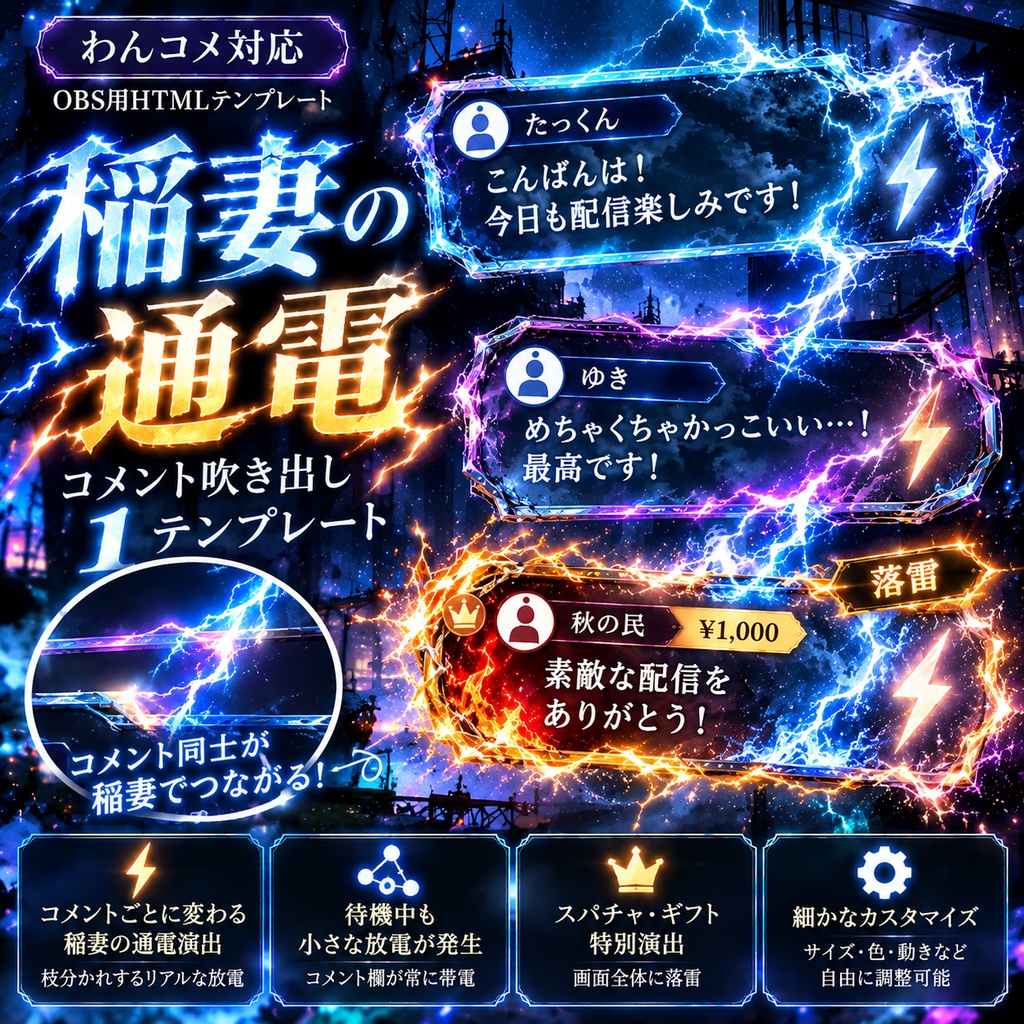 【わんコメ対応】稲妻の通電 コメント吹き出しテンプレート|OBS用HTML