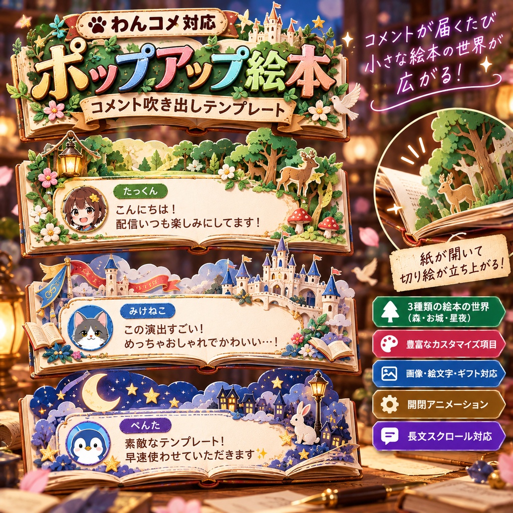 【わんコメ対応】ポップアップ絵本コメント吹き出しテンプレート｜OBS用HTML