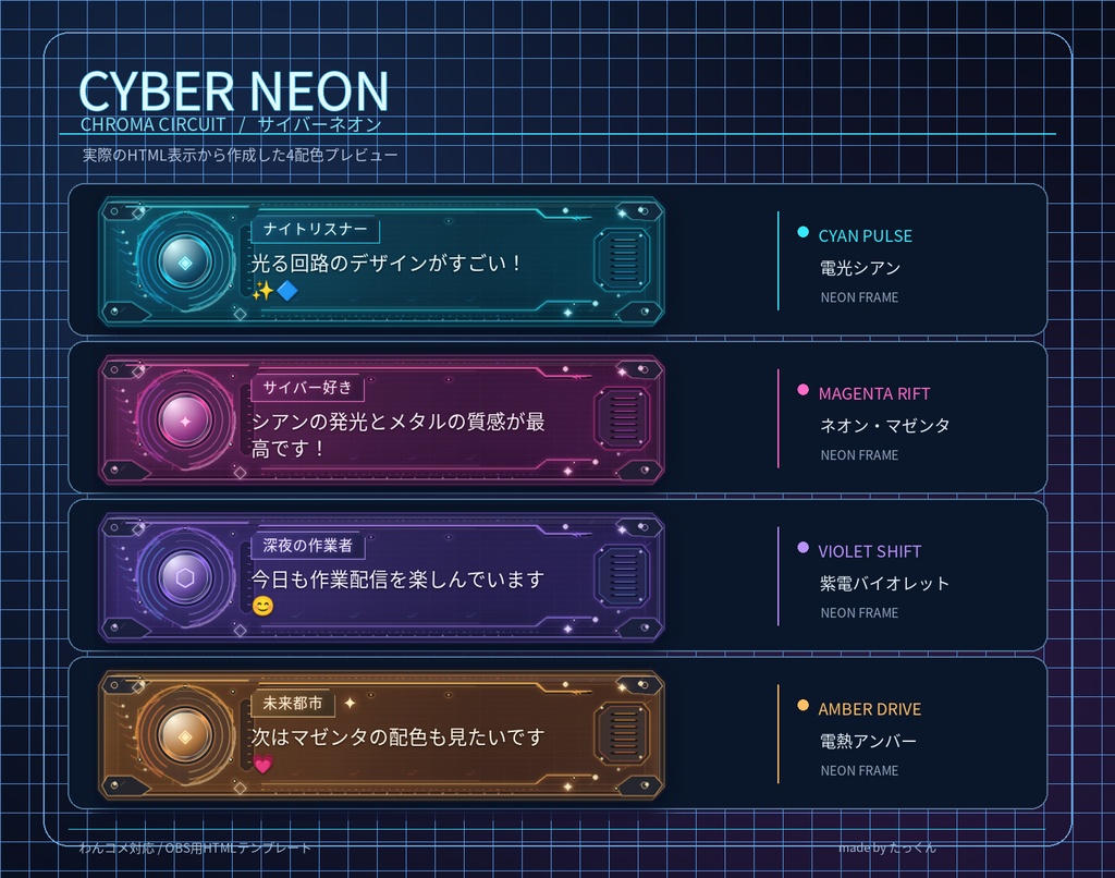 【わんコメ対応】サイバーネオン・クロマサーキット｜発光回路とクロームが輝く近未来コメント吹き出し【OBS用HTML・4配色】