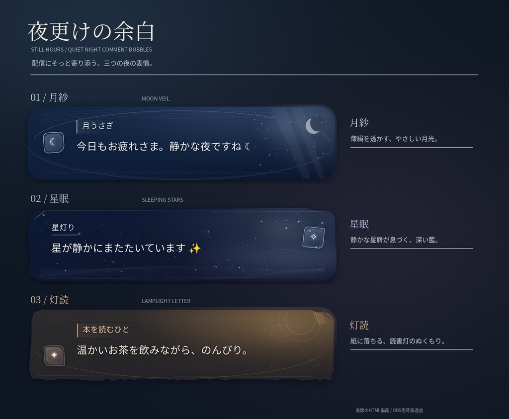 【わんコメ対応】夜更けの余白|月明かりと星屑が彩る静かな夜のコメント吹き出し【OBS用HTML・3デザイン】