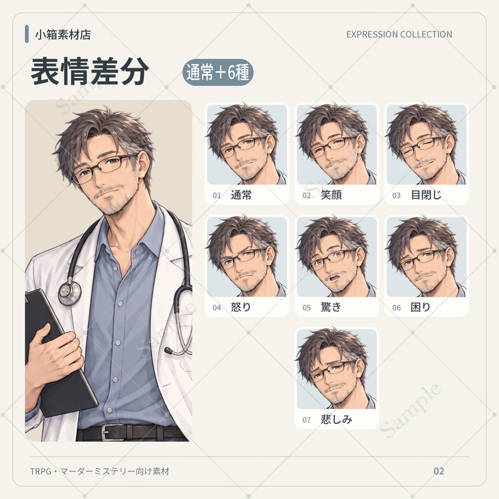 【立ち絵素材01】男性・中年・医者・白衣・おじさん【全身/表情7種】