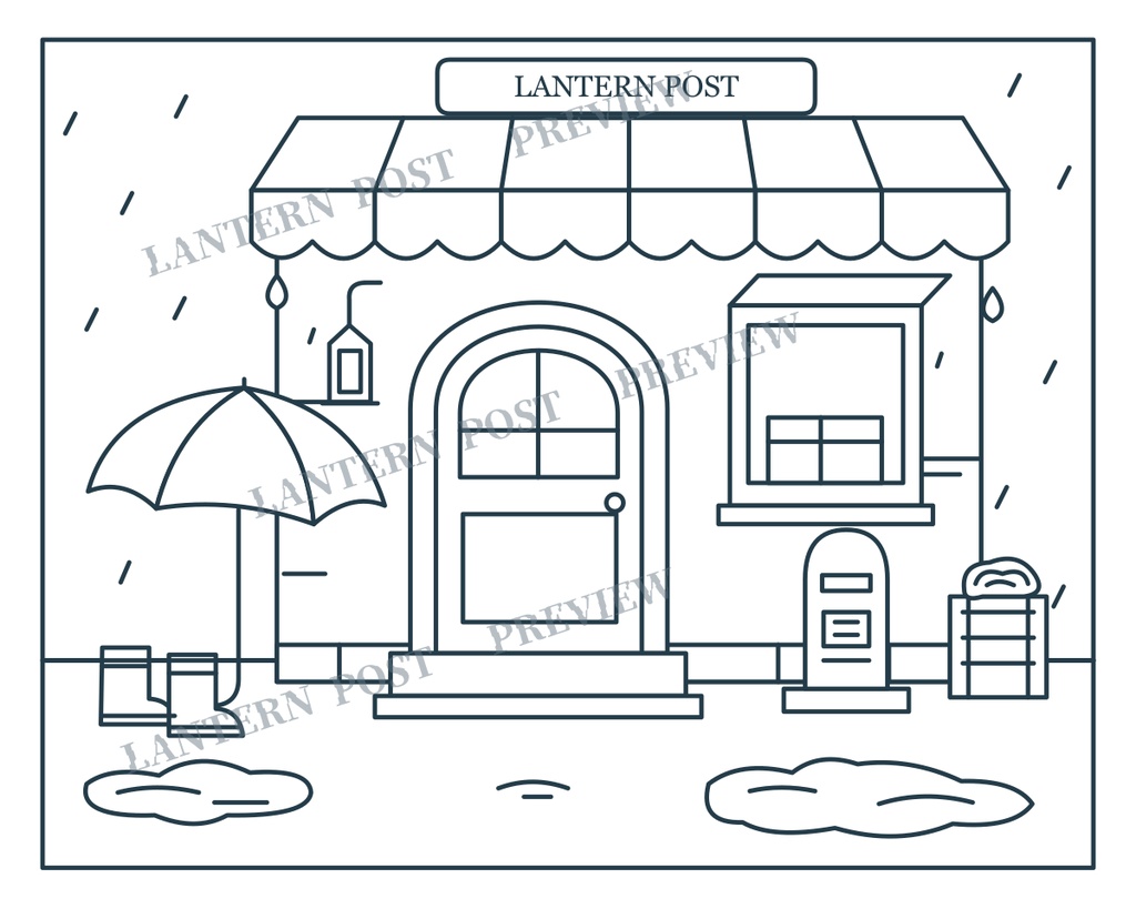 クリック塗り絵|灯台郵便局の朝・雨・夜